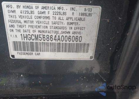 2004 Honda Accord 2.4 Ex from USA, damaged, VIN 1HGCM56864A006060